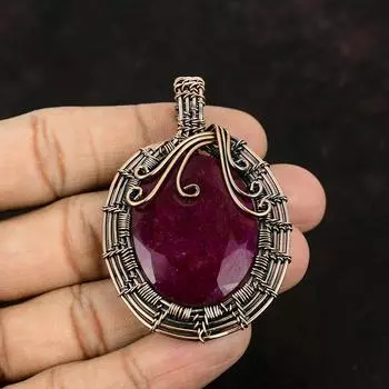 Кулон из медной проволоки с рубином из кашмира, драгоценный камень, медный кулон, ювелирные изделия из медной проволоки с рубином из кашмира, подарок для мамы, подарок для нее