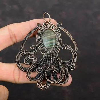 Кулон из мультифлюорита, медная проволока, кулон, кулон в виде осьминога, ювелирные изделия из проволочной обмотки, кулон ручной работы из настоящего драгоценного камня, медные украшения для подарка
