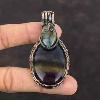 Кулон из мультифлюоритовой медной проволоки, кулон из лабрадорита, драгоценный камень, кулон ручной работы из медной проволоки, завернутый кулон, уникальные ювелирные изделия для подарка