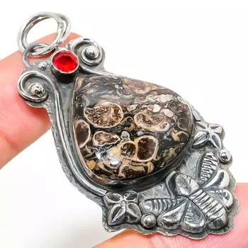 Кулон из натурального ископаемого туррителлы, граната, стерлингового серебра 925 пробы, 2,60 дюйма, M1C31