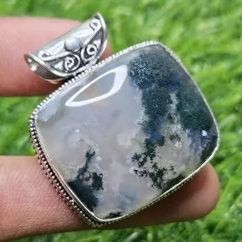 Кулон из натурального мохового агата, стерлингового серебра 925 пробы, серебряный кулон квадратной формы, подарок для нее зелёный