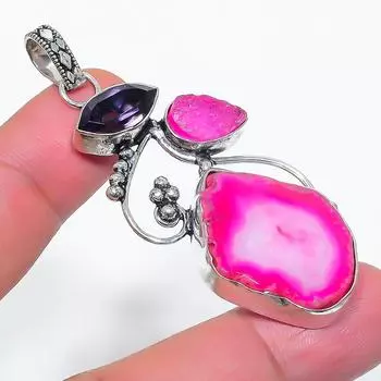 Кулон из натурального розового друзы, аметист, стерлинговое серебро 925 пробы, 2,40 дюйма, B1k31