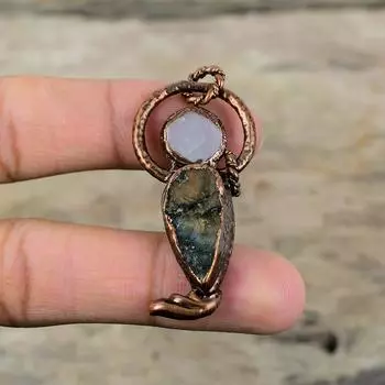Кулон из необработанного лабрадорита, подвеска из перламутра, гальванопластическая медная подвеска, ювелирные изделия ручной работы из драгоценных камней, подарок для него, гальванопластические украшения