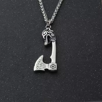 Кулон из нержавеющей стали с головой волка и большим топором викинга и кожаным ожерельем, ожерелье викингов, скандинавское ожерелье, скандинавские ювелирные изделия с топором