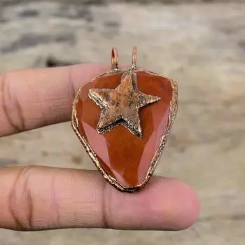 Кулон из ограненного сердолика, гальванопластический медный кулон, ювелирное изделие ручной работы, подвеска из драгоценного камня, гальванопластическое ювелирное изделие, подвеска в виде звезды, подарок на годовщину