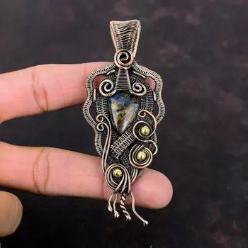 Кулон из питерсита, медная проволока, кулон, кулон с драгоценным камнем, ювелирные изделия из питерсита, кулон ручной работы в этническом стиле, медные украшения, подарок для нее