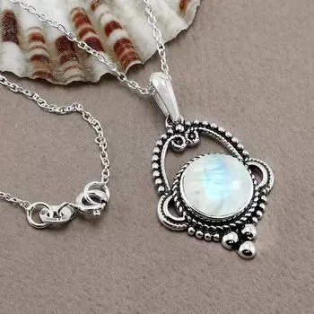 Кулон из радужного лунного камня - Кулон из стерлингового серебра - Кулон в стиле бохо ручной работы