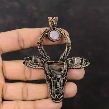 Кулон из розового халцедона с ограненной медной проволокой, подвеска в виде головы быка, ювелирные изделия из драгоценных камней, свадебный подарок, подвеска ручной работы из меди