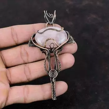 Кулон из розового кварца, кулон в медной проволоке, кулон ручной работы с драгоценным камнем, ювелирные изделия из розового кварца для подарка, изысканный кулон, антикварные медные украшения