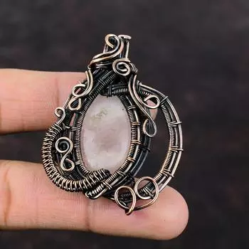 Кулон из розового кварца, медная проволока, кулон с драгоценным камнем, элегантный кулон, ювелирные изделия из розового кварца, медные украшения ручной работы для подарка, достойный кулон