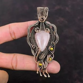 Кулон из розового кварца, медная проволока, кулон, ювелирные изделия из розового кварца, кулон ручной работы, драгоценный камень, медные украшения, удивительный кулон, подарок для женщин