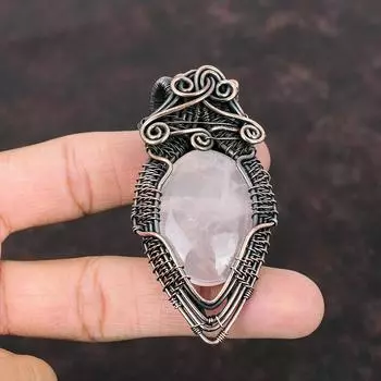 Кулон из розового кварца, медная проволока, кулон, ювелирные изделия из драгоценных камней, кулон ручной работы, медные украшения из розового кварца для подарка, подвеска последнего дизайна