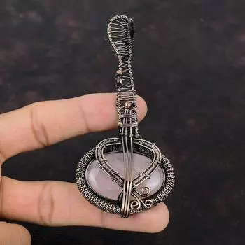 Кулон из розового кварца, медная проволока, обернутая подвеской, гитара, медные украшения, подвеска ручной работы, подвеска из драгоценного камня, подарок для матери, проволочные украшения