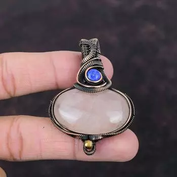 Кулон из розового кварца, обернутый медной проволокой, кулон, ювелирные изделия из драгоценных камней ручной работы, кулон из лазурита, дизайнерский кулон, ювелирные изделия из медной проволоки для подарка