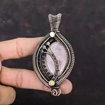 Кулон из розового кварца, обернутый медной проволокой, ювелирное изделие из розового кварца, кулон ручной работы, ювелирное изделие из медной проволоки, кулон с драгоценным камнем, подарок на свадьбу