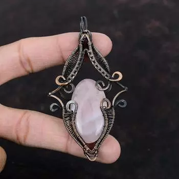 Кулон из розового кварца, обернутый медной проволокой, ювелирное изделие ручной работы, подвеска из драгоценного камня, медная подвеска для подарка, подвеска из розового кварца, обернутая проволокой