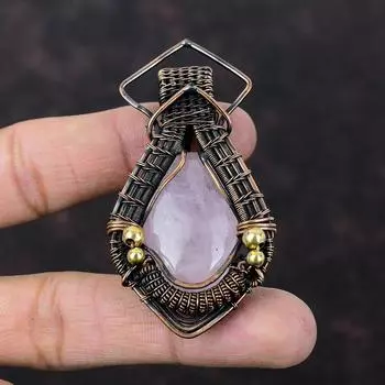 Кулон из розового кварца, ювелирные изделия из медной проволоки, изысканный кулон ручной работы, кулон в проволочной обертке, ювелирные изделия из драгоценных камней, медный кулон, подарок для женщин