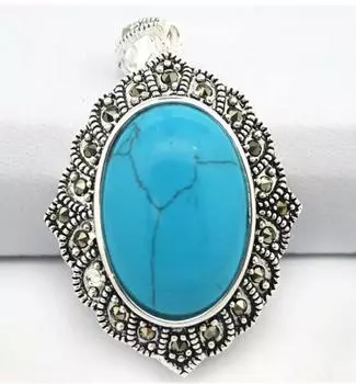 КУЛОН ИЗ СЕРЕБРЯ 925 ПРОБЫ, ЗЕРКАЛО, ОВАЛ, СИНИЙ, БИРЮЗА, МАРКАЗИТ, 27*43 мм.