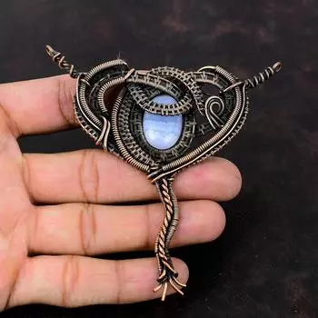 Кулон из синего кружева с агатом, кулон из медной проволоки, кулон ручной работы, драгоценный камень, медные украшения, уникальный стиль, кулон, ювелирные изделия из проволочной обмотки для подарка