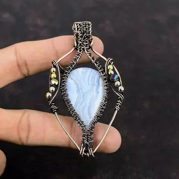 Кулон из синего кружева с агатом, медная проволока, кулон, титановые бусины, кулон, кулон из драгоценного камня, антикварные медные украшения, кулон ручной работы для подарка