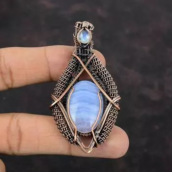 Кулон из синего кружева с агатом Радужный кулон из лунного камня Кулон из медной проволоки Ювелирные изделия ручной работы Подвеска из драгоценного камня для подарка Ювелирные изделия из медной проволоки