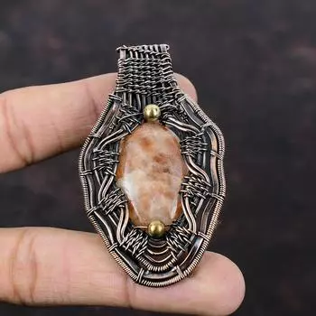 Кулон из солнечного камня, медная проволока, обернутая кулоном из драгоценного камня, медные украшения из солнечного камня, приличный кулон ручной работы, ювелирные изделия из проволоки, подарок на годовщину