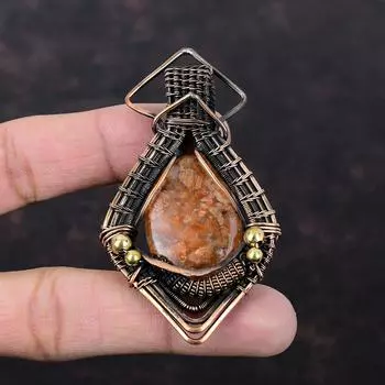 Кулон из солнечного камня с драгоценным камнем, кулон из медной проволоки, стильный кулон, медные украшения, кулон ручной работы, подарок для помолвки, ювелирные изделия из проволочной обмотки