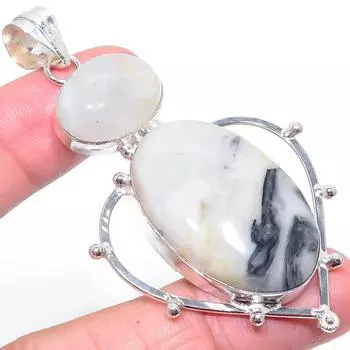 Кулон из стерлингового серебра 925 пробы с натуральной паутиной яшмой и лунным камнем 3,11 дюйма z3z81
