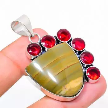Кулон из стерлингового серебра 925 пробы с натуральной императорской яшмой и гранатом, 1,93 дюйма, H8w23