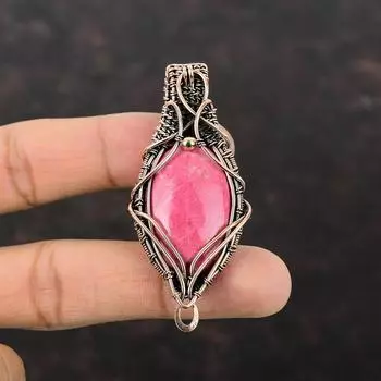 Кулон из тулита, медная проволока, кулон, медные украшения, кулон ручной работы, ювелирные изделия из тулита, кулон с драгоценными камнями, ювелирные изделия, завернутые в проволоку, для подарка