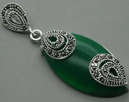 КУЛОН ИЗ ЗЕЛЕНОГО НЕФРИТА МАРКАЗИТА 925 ПРОБЫ 18x40 мм из СЕРЕБРА 925 ПРОБЫ