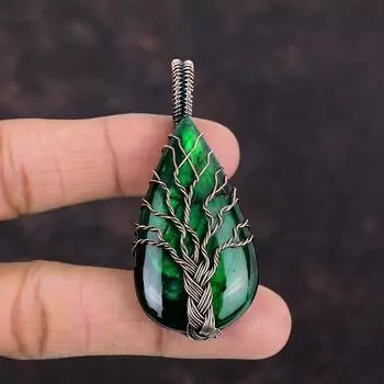 Кулон из зеленого огненного лабрадорита, драгоценный камень «Дерево жизни», подвеска из медной проволоки, подвеска ручной работы, изящное медное ювелирное украшение, подарок для мамы