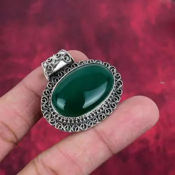 Кулон из зеленого оникса Ювелирные изделия ручной работы из драгоценных камней, кулон из стерлингового серебра 925 пробы, уникальный дизайн ювелирных изделий 1.77 Inches зелёный