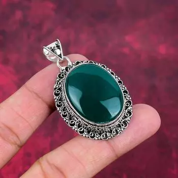 Кулон из зеленого оникса Ювелирные изделия ручной работы из драгоценных камней, кулон из стерлингового серебра 925 пробы, уникальный дизайн ювелирных изделий 2.16 Inches зелёный
