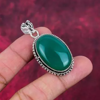 Кулон из зеленого оникса Ювелирные изделия ручной работы из драгоценных камней, кулон из стерлингового серебра 925 пробы, уникальный дизайн ювелирных изделий 2.04 Inches зелёный