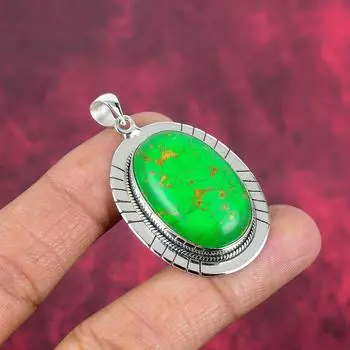 Кулон из зеленой меди и бирюзы, кулон из стерлингового серебра 925 пробы с драгоценными камнями, подвеска ручной работы, изумительное ювелирное украшение, подарок для нее 2.04 Inches зелёный