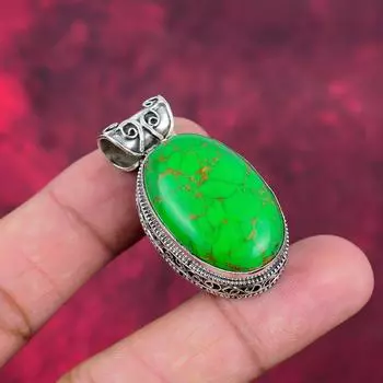 Кулон из зеленой меди и бирюзы, кулон из стерлингового серебра 925 пробы с драгоценными камнями, подвеска ручной работы, изумительное ювелирное украшение, подарок для нее 1.65 Inches зелёный