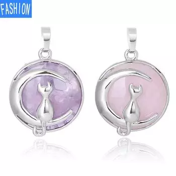 Кулон «Китти и Луна» из натурального камня с полой спиной и хрустальным ожерельем с подвеской «Милая девушка» amethyst