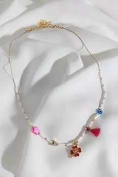 Кулон клевера с розовой звездой и белым ожерельем