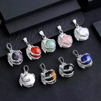 Кулон Коготь Дракона Хрустальный Шар Натуральный Розовый Кварц Аметист Красный Агат Черный Агат Кристалл Кулон Ожерелье Green Aventurine серебряный