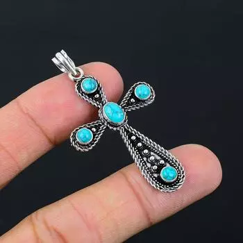 Кулон-крест ручной работы из стерлингового серебра 925 пробы с натуральной тибетской бирюзой 2,10 дюйма F6L40