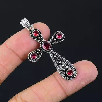 Кулон-крест с натуральным розовым рубиллитом ручной работы из стерлингового серебра 925 пробы 2,10 дюйма Y9s60