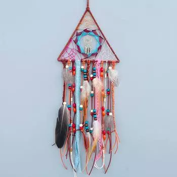 Кулон «Ловец снов» с индийскими перьями. Креативный треугольный домашний кулон ручной работы.