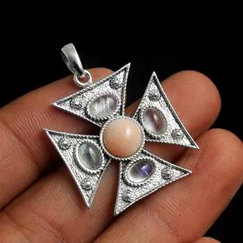 Кулон Мальтийский крест с розовым опалом и лунным камнем, стерлинговое серебро 925 пробы, ювелирные изделия ручной работы розовый