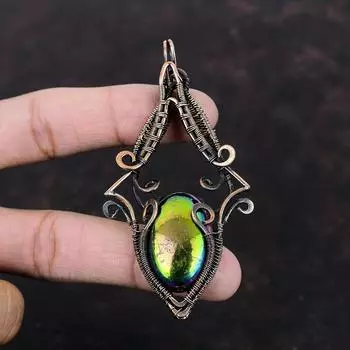 Кулон Mystic Fire Labradorite, обернутый медной проволокой, ювелирное изделие, кулон из настоящего драгоценного камня, ювелирное изделие ручной работы, обернутое медной проволокой, подарок для нее