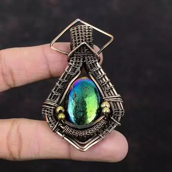 Кулон Mystic Fire Labradorite, подвеска из медной проволоки, подвеска ручной работы, антикварное медное украшение, подвеска из натурального драгоценного камня, подарок на помолвку