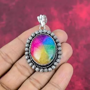 Кулон Rainbow Solar Quartz, ювелирные изделия из стерлингового серебра 925 пробы, подвеска с драгоценным камнем, подарок для нее, изящные ювелирные изделия ручной работы 2.28 Inches разноцветный