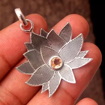 Кулон Рейки, Кулон Лотос, Кулон Цитрин Ювелирные изделия из стерлингового серебра 925 пробы, Подарок на день матери, серебряный кулон 1.75 Inch жёлтый
