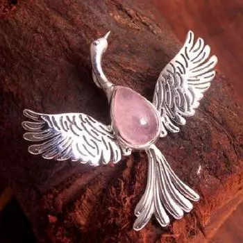 Кулон Рейки, кулон с кристаллами, серебряный кулон, кулон с птицей феникс, кулон из розового кварца, ювелирные изделия из стерлингового серебра 925 пробы розовый