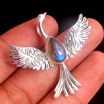 Кулон Рейки, серебряный кулон, кулон в виде птицы Феникс, кулон из лабрадора, ювелирные изделия из стерлингового серебра 925 пробы, кулон с кристаллами, подарок на день матери синий